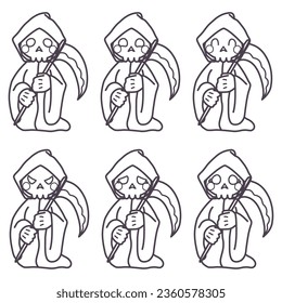 Line drawing set of cute deformed reaper with various expressions