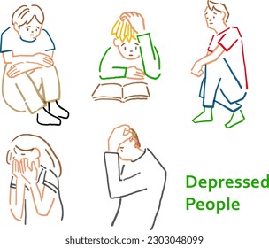 A line drawing set of depressed people.The background is transparent.