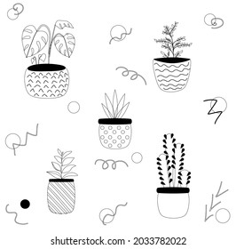 Line drawing set of different homeplants in funny pots.