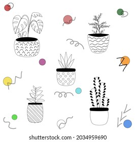 Dibujo en línea de diferentes homeplántulas en macetas graciosas con detalles coloridos 