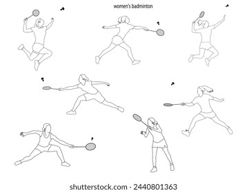 Line drawing set Female badminton player vector silhouette. Female Badminton Jump Smash. Active sport.