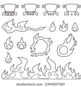 Line drawing set of flames of various shapes