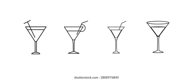 Line drawing set of four different martini glasses with and without straws and a lemon slice on white background simple elegant design elements