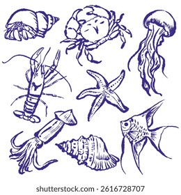 ชื่อผลงาน: Line drawing of Set of sea life.