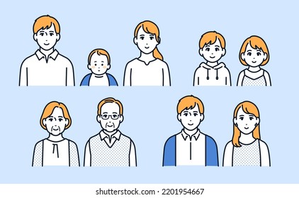 Line drawing: Set of simple face icons of three-generation family