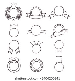 Line drawing set of simple hand-drawn style gold medals combined with crowns and ribbons.