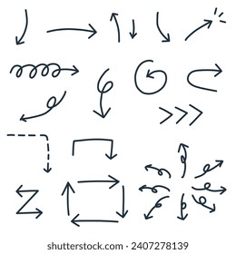 Line drawing set of simple hand-drawn arrows in various shapes