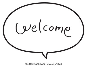 Line drawing set of simple handwritten speech bubbles and messages welcome