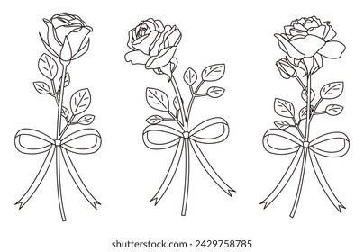 Line drawing set of single rose and ribbon, icon
