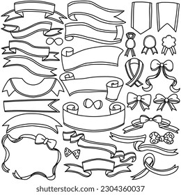 Line drawing set of various ribbons in simple patterns for titles, frames, decorations, etc.