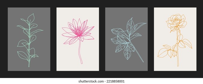 Line drawing set of vector flowers and leaves in trendy neon colors . Botanical poster. Modern minimalistic art for home decor, restaurants, offices, postcards. Set of beautiful pictures.