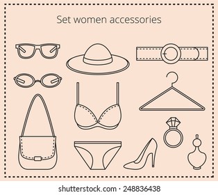 Line drawing set women accessories Stock vector illustration