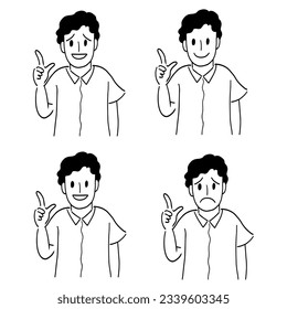 Line drawing set of youngman with the index finger up