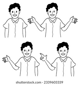 Line drawing set of youngman talking with gestures