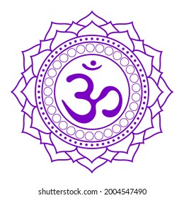 Dibujo de líneas.La séptima chakra Sahasrara. La corona o el chakra más alto con sánscrito hindú. El morado es un símbolo plano de meditación, yoga. Vector