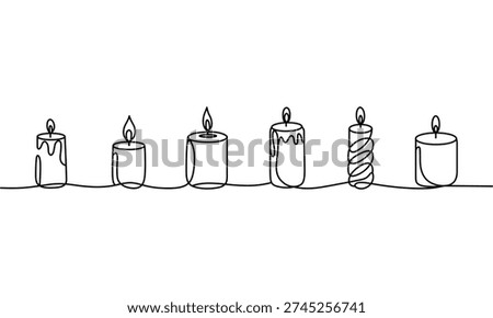a line drawing of several lit candles on a wavy line isolated on white background
