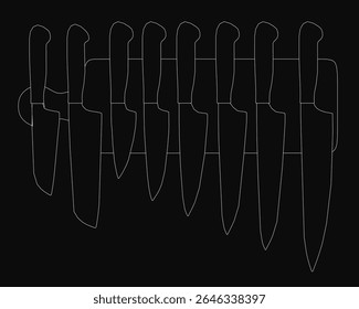 A line drawing of sharp knives arranged neatly on a black background, each with distinct shapes and sizes. The blades are pointed, and the handles feature curved designs for comfort.