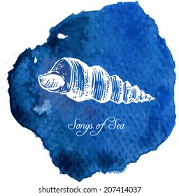 line drawing shell at blue watercolor background, hand drawn vector illustration