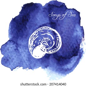line drawing shell at blue watercolor background, hand drawn vector illustration