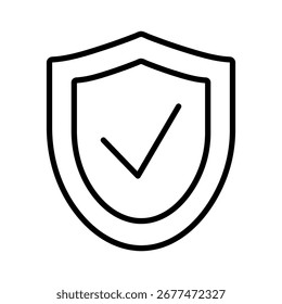 A line drawing of a shield with a check mark inside isolated on white background. Computer technology line icon, cybersecurity.