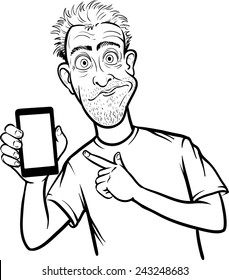 line drawing of a shocked man showing a mobile app on a smart phone