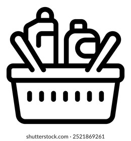 Line drawing of a shopping basket containing cleaning products, perfect for representing household tasks and cleaning supplies
