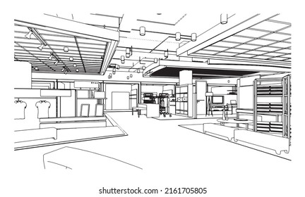 Line Drawing Of Shopping Mall,Modern Design,3d Rendering