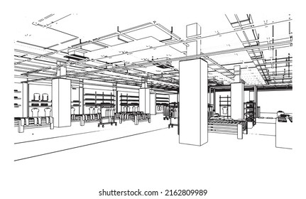 Line Drawing Of Shopping Mall,Modern Design,3d Rendering