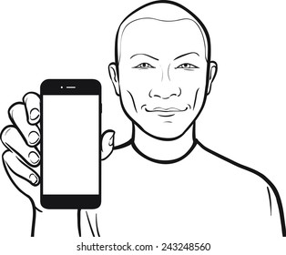 line drawing of a short-haired man showing a mobile app on a smart phone