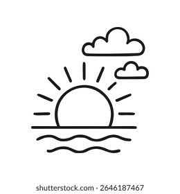 Line drawing showcases a simple sunset or sunrise scene. The sun rests on the water, with wavy ocean and two clouds in the sky