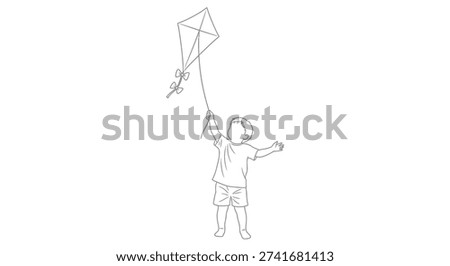A line drawing showcasing a child with arms raised, holding the string of a soaring diamond kite against a plain background.