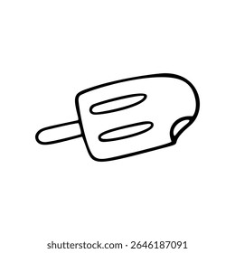 Un dibujo lineal muestra un palo de helado doble mordido. El icono simple tiene un mordisco sacado de él, mostrando dos palos dentro