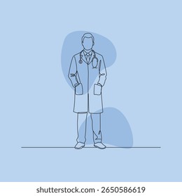 Line drawing shows a doctor in a white lab coat with a stethoscope, hands in pockets, against a soft blue background, creating a calming, professional mood for healthcare marketing.