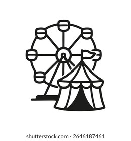 Um desenho a linha mostra uma roda-gigante atrás de uma tenda de circo com uma pequena bandeira no topo, projetada como um doodle de ilustração vetorial, em estilo monocromático