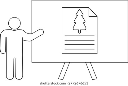 Line drawing shows a figure presenting a chart with a Christmas tree on an easel