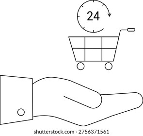 A line drawing shows a hand offering a shopping cart under a 24hour service icon