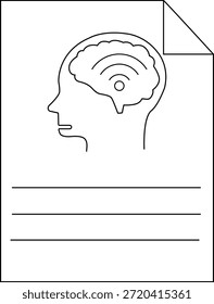A line drawing shows a head with a brain containing wifi signals on a piece of paper with lines for writing