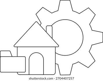 Um desenho de linha mostra uma pasta de casa e uma engrenagem sugerindo configurações ou definições