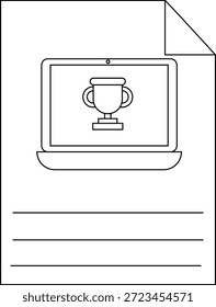 Line drawing shows a laptop displaying a trophy on a document with lines for writing