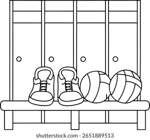 Um desenho de linha mostra um banco de vestiário com um par de sapatos atléticos e dois voleibol. O banco fica em frente a uma fileira de armários.