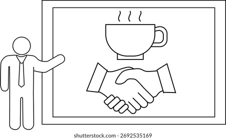 Un dibujo de línea muestra a un hombre señalando una Imagen enmarcada de un apretón de manos y una taza de café