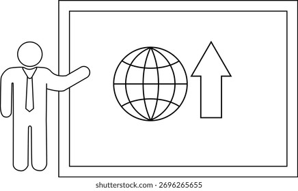 Line drawing shows a person presenting a whiteboard featuring a globe and an upward arrow