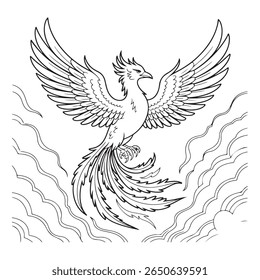 um desenho a linha mostra uma fênix com as suas asas abertas, voando pelo céu. a imagem é simples, elegante e perfeita para colorir.