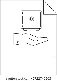 Eine Linienzeichnung zeigt einen Tresor, der sich über einer Hand auf einem Formular befindet