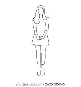 Line Drawing of a Shy Young Woman with Long Hair, Elegant Line Art of Female Figure in Simple Pose