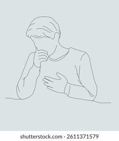 line drawing Sick man feeling chest pain and Coughing.