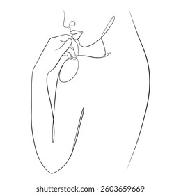 Line drawing silhouette of woman with her hands folded near face line drawing on white isolated background 