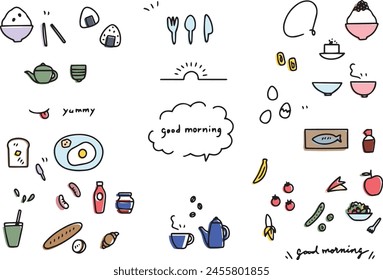 Conjunto de ilustración de desayuno simple de dibujo de línea