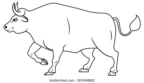 Dibujo de línea de toro simple. Búfalo con pierna delantera levantada para la conservación del parque nacional o la identidad del logo de una granja agrícola. La silueta de toro es un símbolo del año nuevo 2021. Ilustración del vector