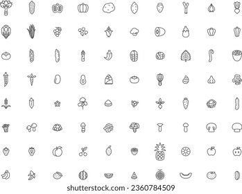 Line drawing simple vegetable, fruit and mushroom illustration icon set